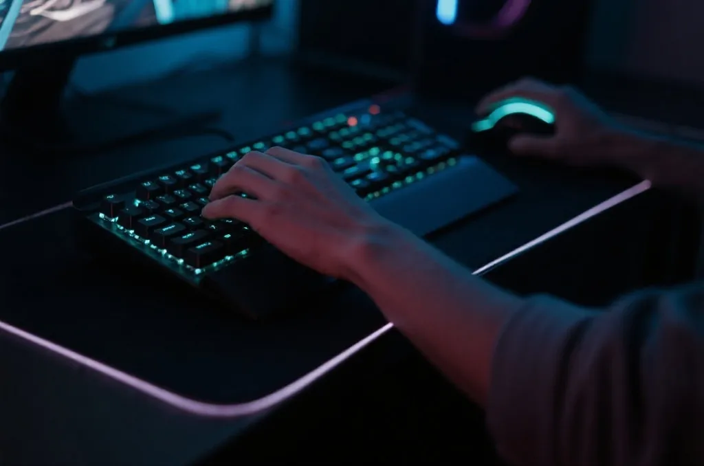 Close-up of a gamer using a glowing mechanical keyboard and mouse in a dark room
