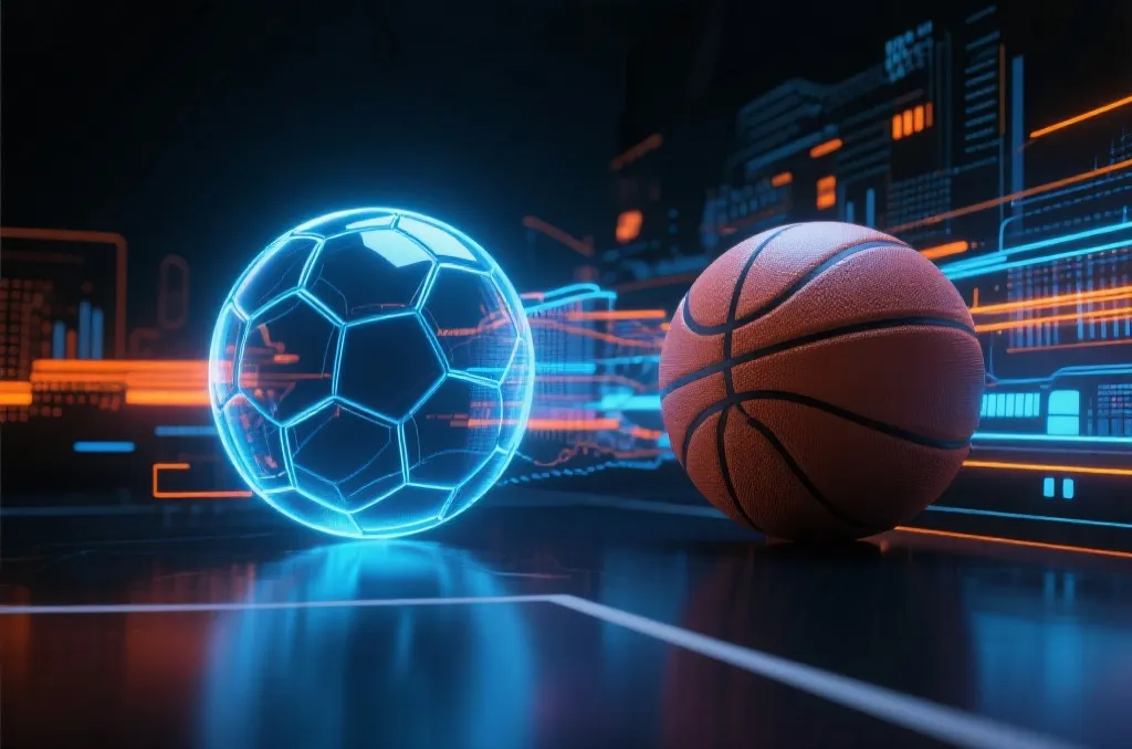 Abstract sports analytics concept with glowing trajectory lines of soccer and basketball