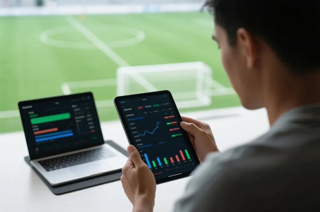 A person analyzing sports statistics on a tablet and laptop, green soccer field blurred in the background, clean and professional setting