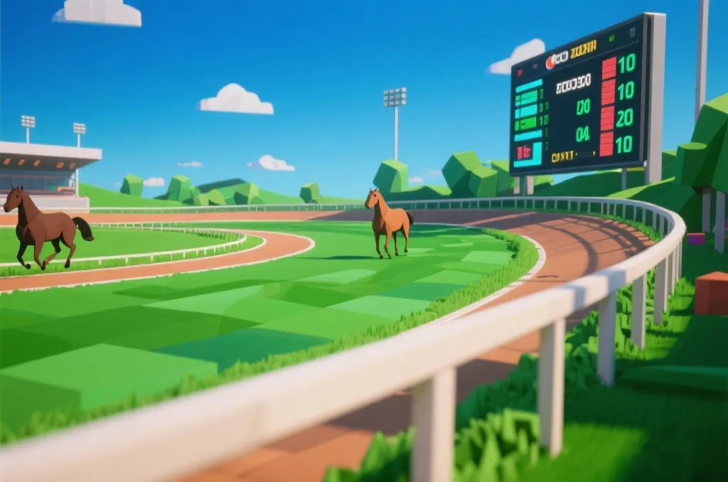 3D rendering of a stylized virtual horse racing track with digital timing boards